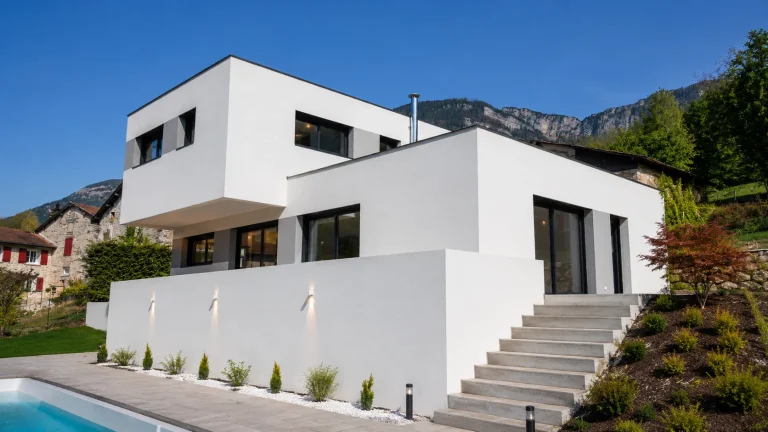 Maison moderne à toits-terrasses sur terrain en pente à Voreppe
